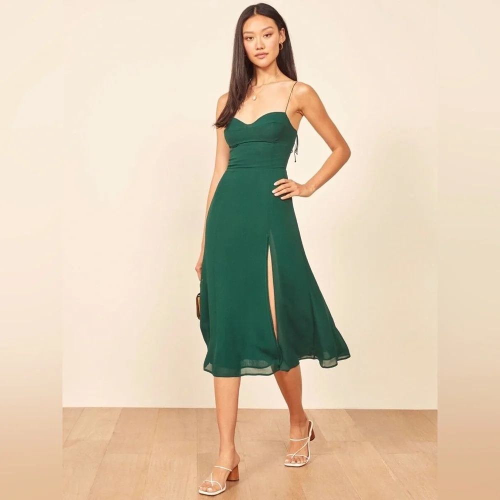 NEW Reformation Juliette Dress in Emerald Dark Green Side Slit | size 6 - Picture 5 of 11